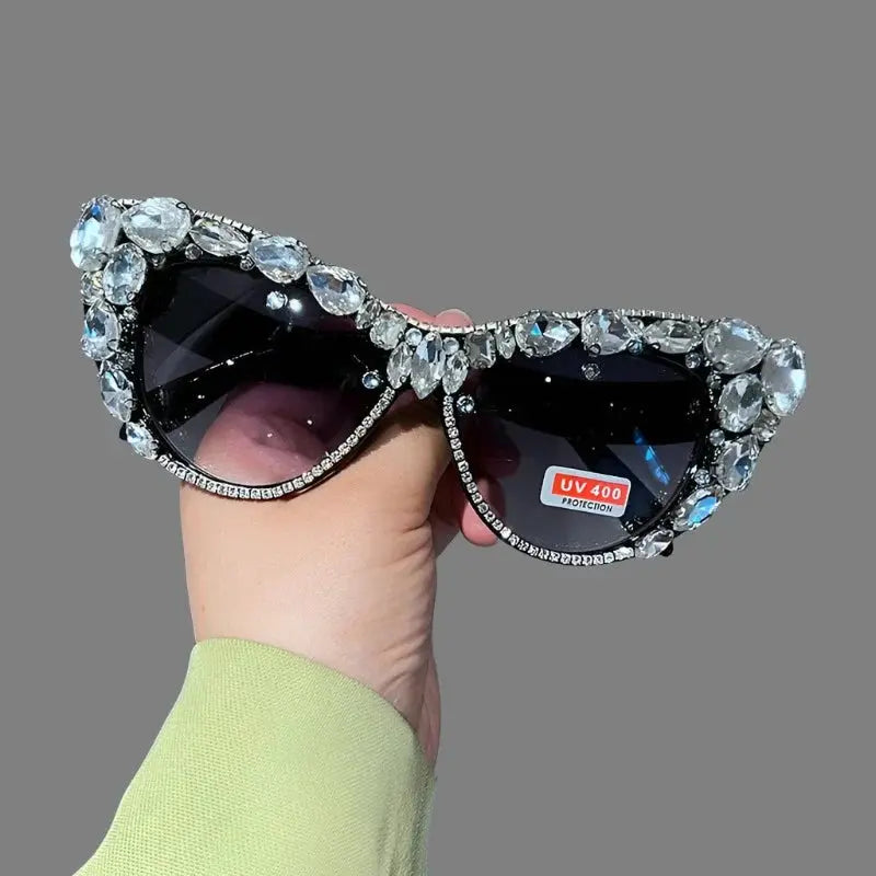 Hand Designed Bejeweled Sunglasses in Oversized Cat Eye Style - Love Salve